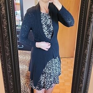 Belldini Black Elegant Open Cardigan Sweater, Crochet Lace Back & Sleeves, M